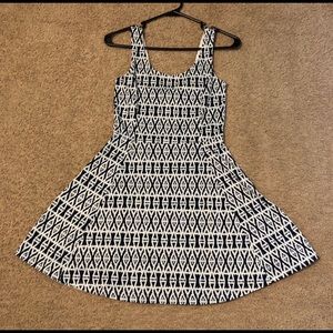 Navy & White Patterned Skater Dress